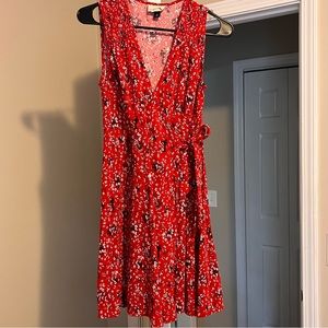 Red floral wrap dress